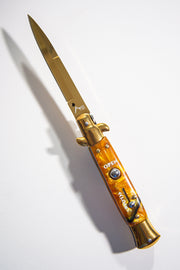 Cheese Knife Switchblade Automatic Blade Stainless Steal Gold & Gold Epoxy Handle