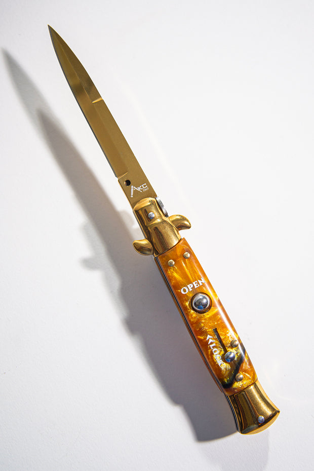 Cheese Knife Switchblade Automatic Blade Stainless Steal Gold & Gold Epoxy Handle