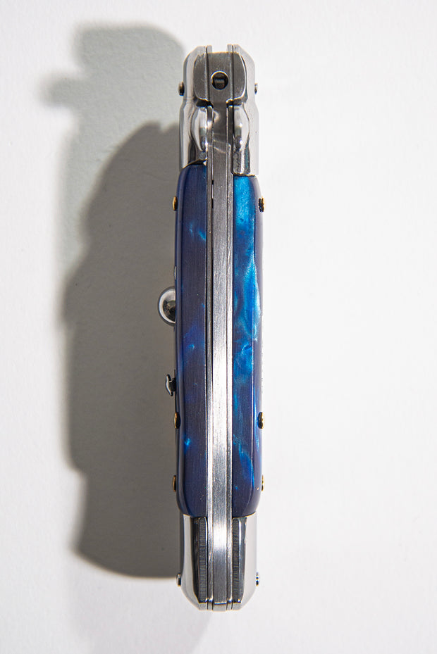 Cheese Knife Switchblade Automatic Blade Stainless Steal & Blue Epoxy Handle