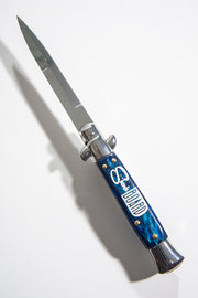 Cheese Knife Switchblade Automatic Blade Stainless Steal & Blue Epoxy Handle