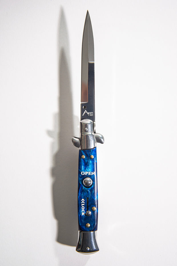 Cheese Knife Switchblade Automatic Blade Stainless Steal & Blue Epoxy Handle