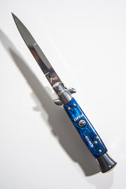 Cheese Knife Switchblade Automatic Blade Stainless Steal & Blue Epoxy Handle