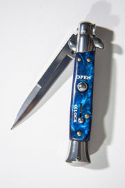 Cheese Knife Switchblade Automatic Blade Stainless Steal & Blue Epoxy Handle