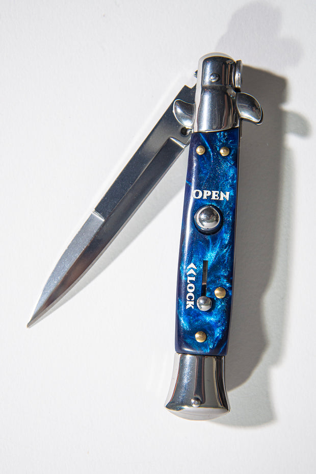 Cheese Knife Switchblade Automatic Blade Stainless Steal & Blue Epoxy Handle